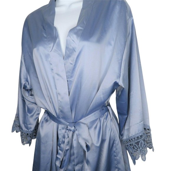 Vintage Blue Satin Dressing Bath Robe One Size Wide Lace Trim Knee Length Belted - Picture 7 of 12